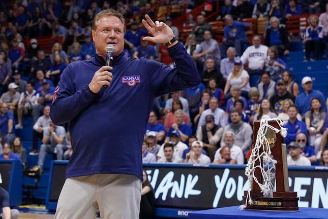 Feb 28, 2023; Lawrence, Kansas, USA; Kansas Jayhawks head coach Bill Self speaks during the Senior Day after the win over the Texas Tech Red Raiders at Allen Fieldhouse.