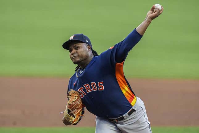 Apr 22, 2023; Cumberland, Georgia, USA; Houston Astros starting pitcher Framber Valdez (59) pitches against the Atlanta Braves during the first inning at Truist Park.