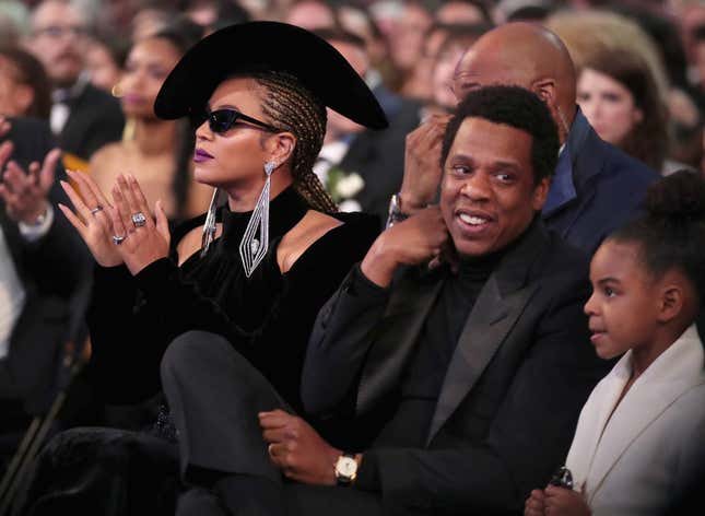 Recording artist Beyonce, Jay Z and daughter Blue Ivy Carter attend the 60th Annual GRAMMY Awards at Madison Square Garden on January 28, 2018 in New York City.