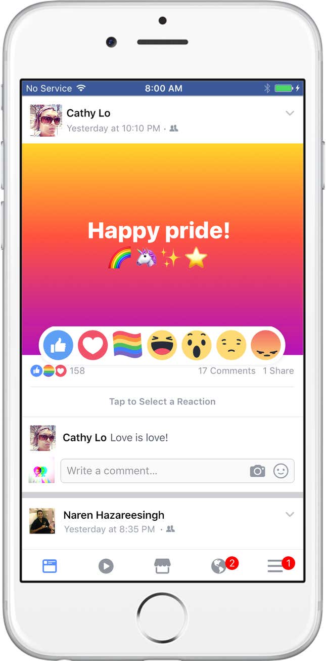 To celebrate Pride, Facebook introduced a rainbow flag reaction button.