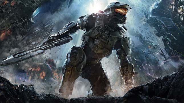 Master Chief kneels in key art for Halo 4.