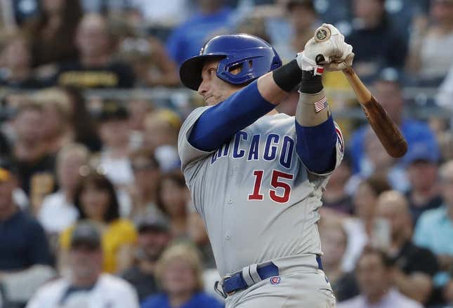 Aug 24, 2023; Pittsburgh, Pennsylvania, USA; Chicago Cubs catcher Yan Gomes (15) hits a single against the Pittsburgh Pirates/ during the second inning at PNC Park.