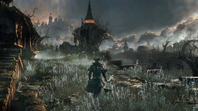 Bloodborne's protagonist heads out into a field at dusk. 