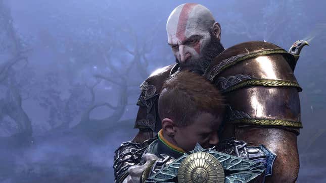 Kratos hugs his son Atreus in a snowy forest.