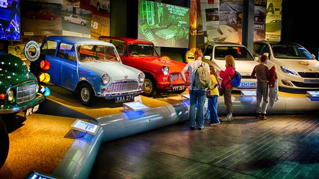 A photo of cars on display at the National Motor Museum. 