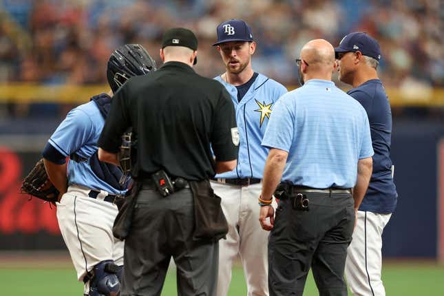 Apr 13, 2023; St. Petersburg, Florida, USA;  Tampa Bay Rays starting pitcher Jeffrey Springs (59) leaves the game against the Boston Red Sox with an injury in the fourth inning at Tropicana Field.