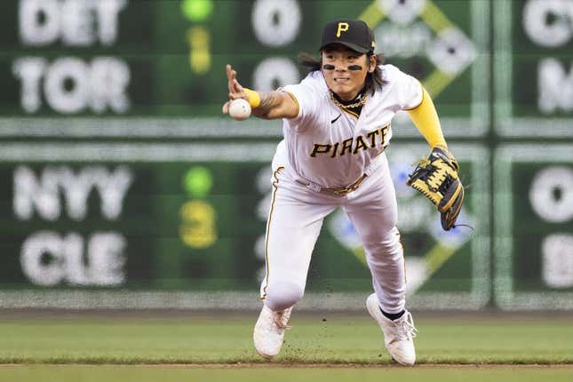 Apr 11, 2023; Pittsburgh, Pennsylvania, USA; Pittsburgh Pirates second baseman Ji Hwan Bae (3) tosses the ball to second base for the first out of the second inning against the Houston Astros at PNC Park.