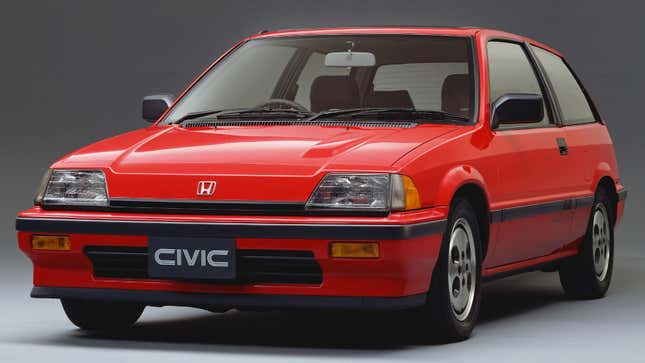 A photo of a red Honda Civic from the 1980s. 