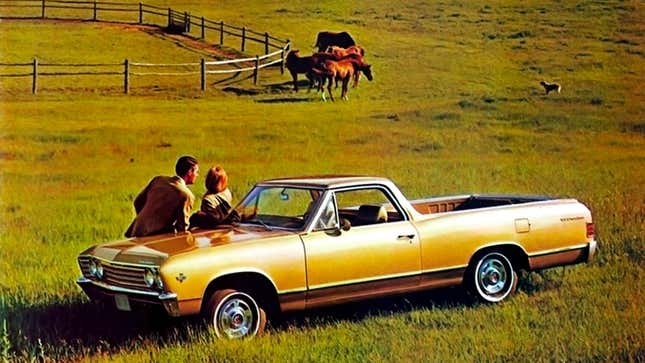 A photo of a gold El Camino truck in a field. 