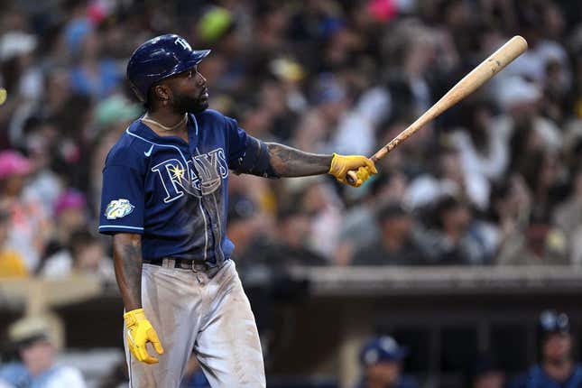 Jun 16, 2023; San Diego, California, USA; Tampa Bay Rays left fielder Randy Arozarena (56) watches his three-run home run against the San Diego Padres during the fifth inning at Petco Park.
