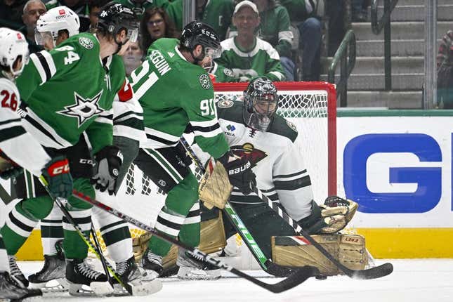 Apr 19, 2023; Dallas, Texas, USA; Dallas Stars center Tyler Seguin (91) scores a power play goal against Minnesota Wild goaltender Marc-Andre Fleury (29) during the first period in game two of the first round of the 2023 Stanley Cup Playoffs at American Airlines Center.