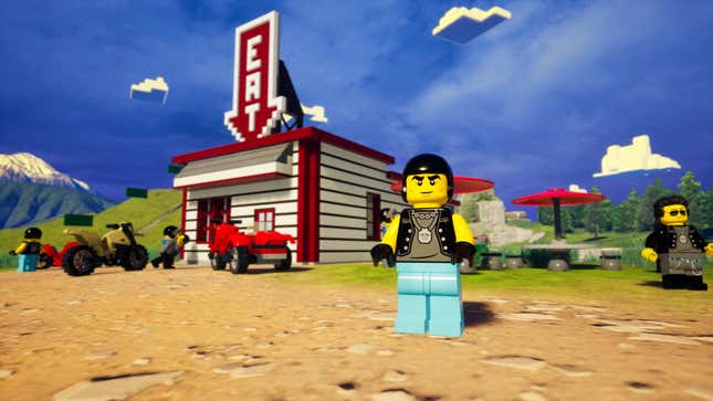 A minifigure is seen standing in front of an eatery.