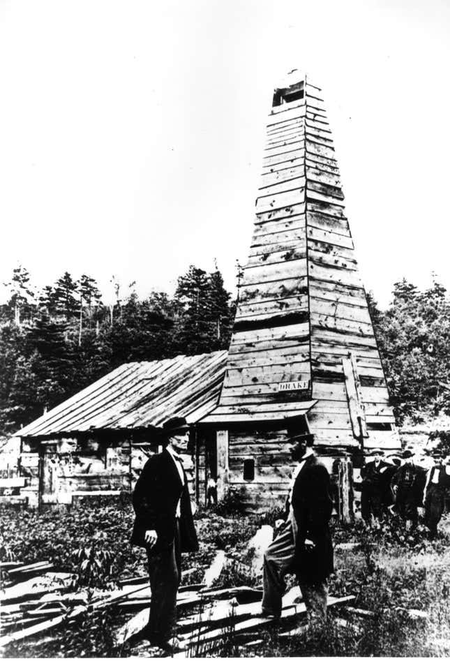 Col. Edwin Drake—doing the honest Abe imitation—in Titusville, 1859.