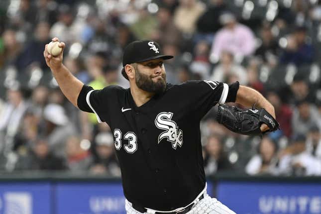May 16, 2023; Chicago, Illinois, USA; Chicago White Sox starting pitcher Lance Lynn (33) delivers against the Cleveland Guardians during the first inning at Guaranteed Rate Field.