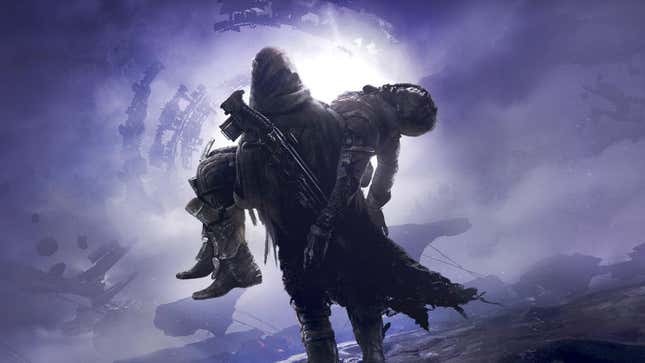 A Destiny 2 Guardian carries the corpse of Exo Hunter Cayde-6 away from the Tangled Shore.