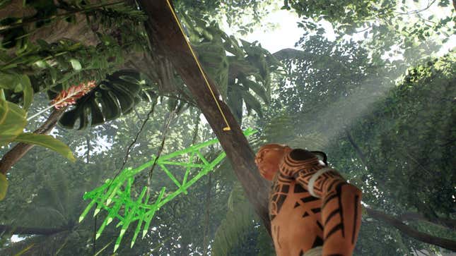 A warrior looks up at his trap in the jungle. 