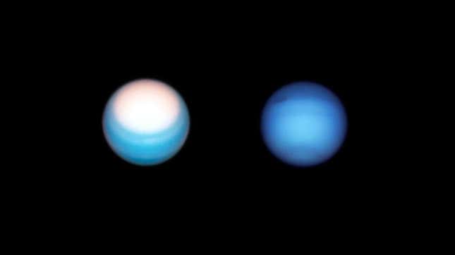 A side-by-side view of the planets Uranus (left) and Neptune (right) as captured by the Hubble Space Telescope.