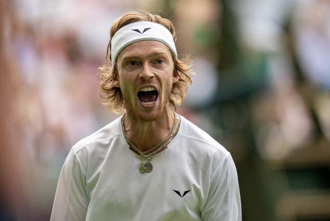 Jul 11, 2023; London, United Kingdom; Andrey Rublev reacts to a point during his match against Novak Djokovic (SRB) on day nine at the All England Lawn Tennis and Croquet Club.