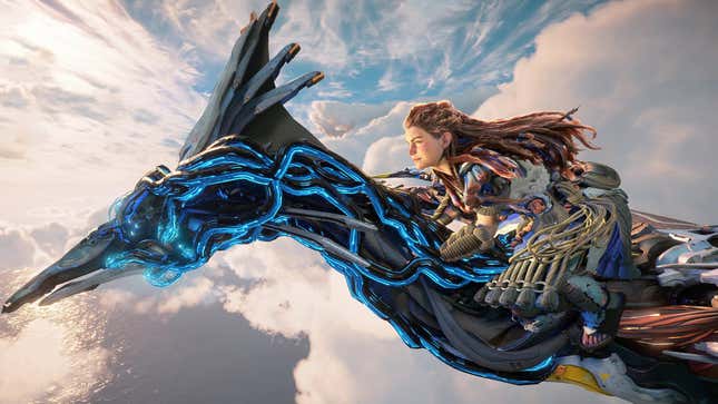 Aloy is riding on the back of a flying bird-like robot in Horizon Forbidden West.