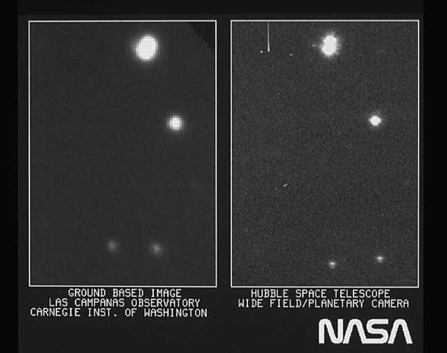 On the right is part of the first image taken with the Hubble Space Telescope’s Wide Field/Planetary Camera. Compare with a ground-based picture from the Las Campanas, Chile, Observatory taken of the same region of the sky.