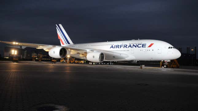 The then-new Airbus A380 superjumbo passenger jet sits on the tarmac of the Airbus plant in Hamburg on October 30, 2009 as the French flag carrier Air France was due later in the day to become the first European airline to take delivery of the plane in a ceremony in the northern German city before flying to Paris's Charles de Gaulle airport.