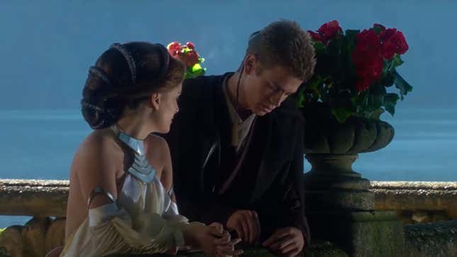 A screenshot shows Anakin talking to a woman. 