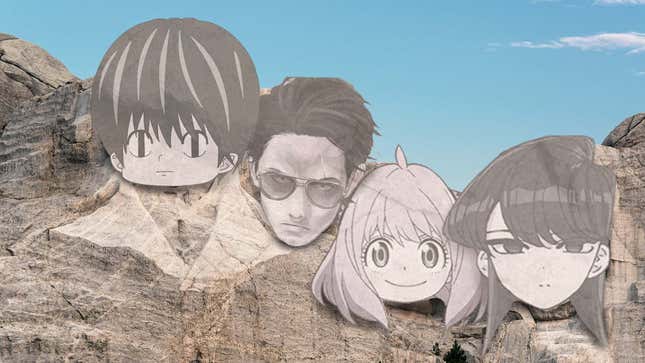 A modified photo of Mt. Rushmore with the faces of anime characters from Kotaro Lives Alone, Way of the House Husband, Spy x Family, and Komi Can't Communicate.