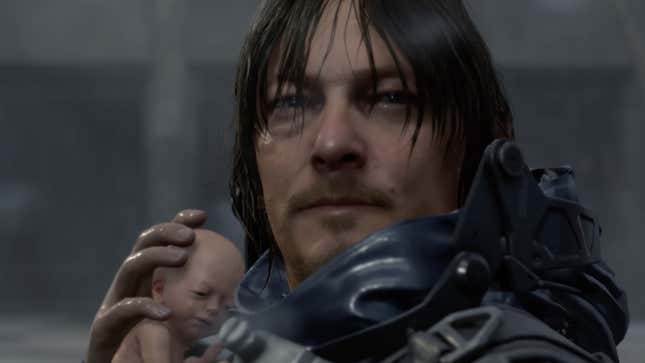 Sam from Death Stranding looks out at the viewer while cradling a baby.
