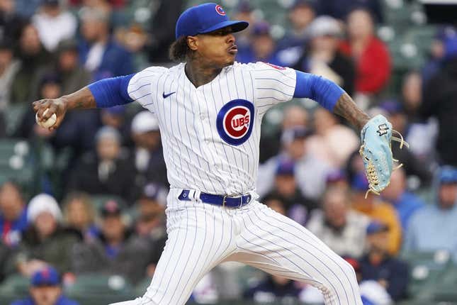 May 24, 2023; Chicago, Illinois, USA; Chicago Cubs starting pitcher Marcus Stroman (0) throws the ball against the New York Mets during the first inning at Wrigley Field.