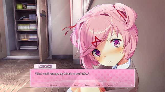 A pink-haired anime girl from Doki Doki Literature Club Plus ponders getting her friends to read her work. 