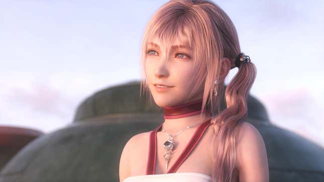 Serah is shown smiling at a sunset.