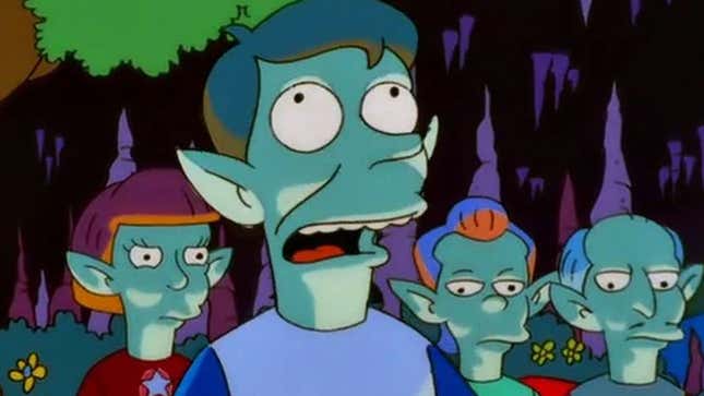 A screenshot from The Simpsons shows a group of horse riding elves. 