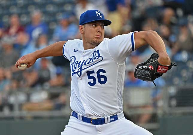 Apr 18, 2023; Kansas City, Missouri, USA; Kansas City Royals starting pitcher Brad Keller (56) delivers a pitch during the first inning against the Texas Rangers at Kauffman Stadium.