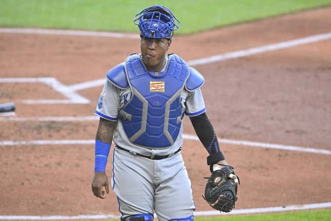 Jul 7, 2023; Cleveland, Ohio, USA; Kansas City Royals catcher Salvador Perez (13) walks on the field in the third inning against the Cleveland Guardians at Progressive Field.