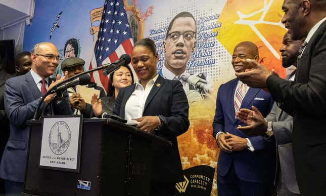 Keechant Sewell, who is to be New York police commissioner, speaks during a press conference in New York on Wednesday.