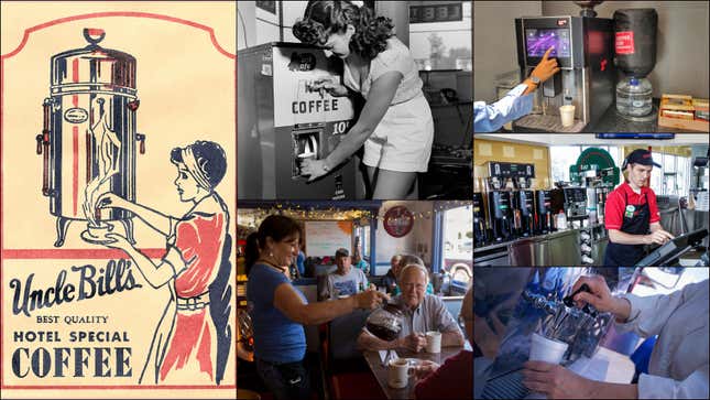 a series of images showing people getting coffee from urns, machines, and diner waitresses