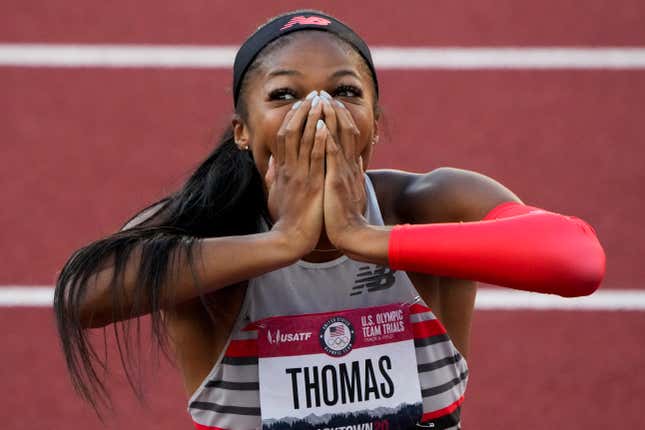Gabby Thomas celebrates after winning the final in the women’s 200-meter run at the U.S. Olympic Track and Field Trials Saturday, June 26, 2021, in Eugene, Ore.