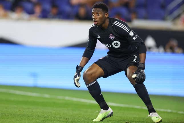 Jul 26, 2023; Harrison, NJ, USA; Toronto FC goalkeeper Sean Johnson (1) sets for a shot during the second half against New York City FC at Red Bull Arena.