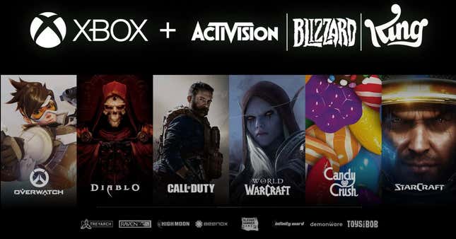 Unter einem Xbox-Logo und den Logos dieser drei Unternehmen sind eine Reihe von Activision Blizzard King-Produkten abgebildet, darunter Overwatch, Call of Duty und Candy Crush.