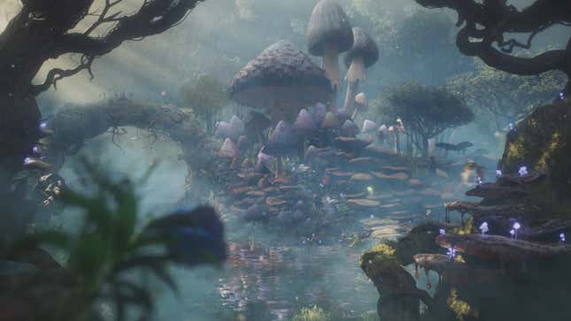 Giant mushrooms occupy a field in a forest in Fable.