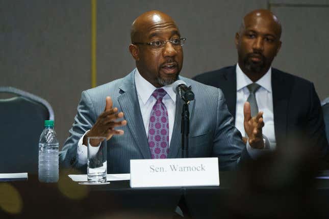 U.S. Sen. Raphael Warnock (D-GA) speaks during a U.S. Senate Rules Committee Georgia Field Hearing on the right to vote at the National Center for Civil and Human Rights on July 19, 2021, in Atlanta, Georgia.
