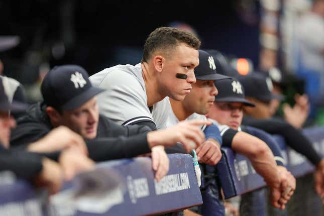 Aug 27, 2023; St. Petersburg, Florida, USA;  New York Yankees designated hitter Aaron Judge (99) looks on from the dugout against the Tampa Bay Rays in the seventh inning at Tropicana Field.