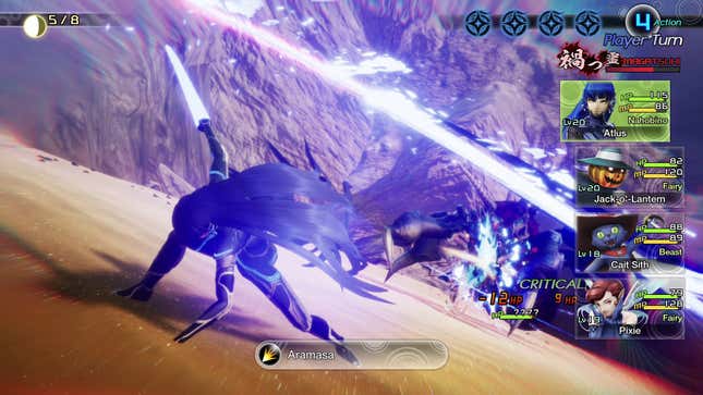 The Nahobino delivers a finishing blow on an enemy, as his blade impacts behind him.