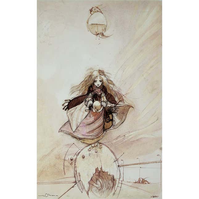An image shows a reproduction of an illustration Amano made for Angel's Egg.
