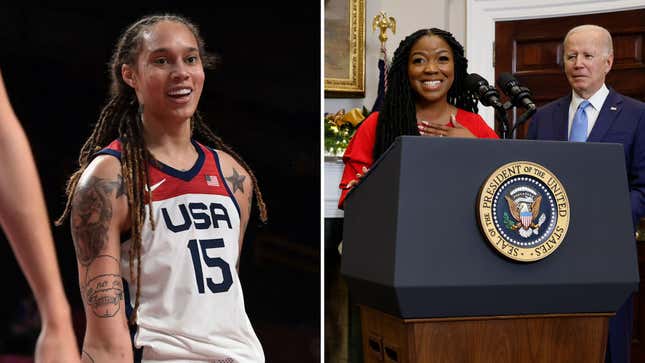 Brittney Griner plays at the 2020 Tokyo Olympic games. Right, Cherelle Griner and President Joe Biden speak at a press conference at the White House Thursday morning.