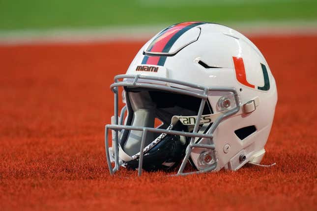 Sep 30, 2021; Miami Gardens, Florida, USA; A general view of a Miami Hurricanes helmet in the end zone prior to the game between the Miami Hurricanes and the Virginia Cavaliers at Hard Rock Stadium.