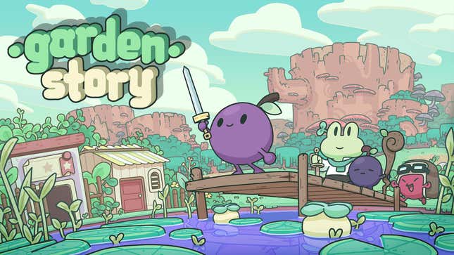 Artwork for Garden Story depicting Concorde, a grape and the protagonist of the game, along with other characters on a dock.