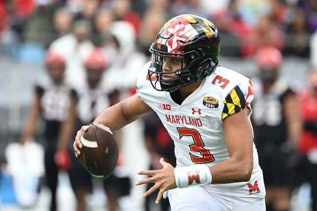 Dec 30, 2022; Charlotte, NC, USA; Maryland Terrapins quarterback Taulia Tagovailoa (3) looks to pass in the second quarter in the 2022 Duke&#39;s Mayo Bowl at Bank of America Stadium.