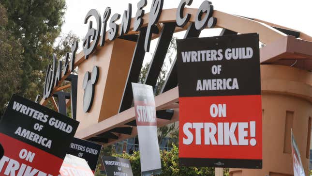 LOS ANGELES, CA - MAY 3: Members of the Writers Guild of America (WGA) and its supporters picket outside of Disney Studios on May 3, 2023 in Los Angeles, California. Hollywood writers have gone on strike in a dispute over payments for streaming services.