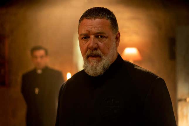 Russell Crowe as Gabriele Amorth in The Pope's Exorcist.